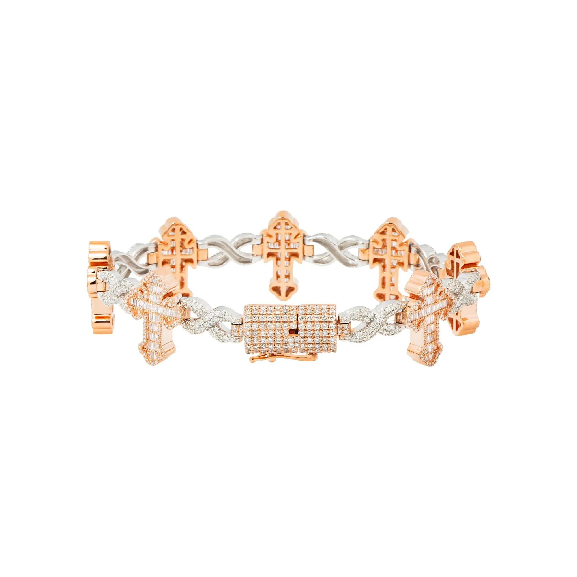 10K GOLD TWO TONE BAGUETTE AND ROUND DIAMONDS CROSS INFINITY CHAIN BRACELET 7.28 CT