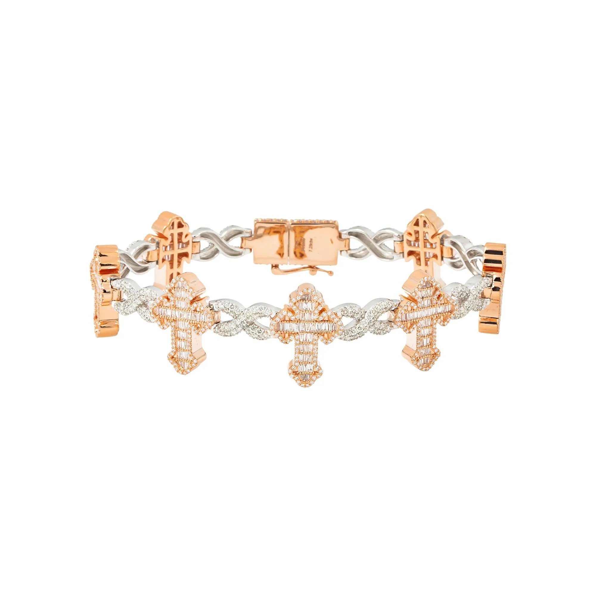 10K GOLD TWO TONE BAGUETTE AND ROUND DIAMONDS CROSS INFINITY CHAIN BRACELET 7.28 CT