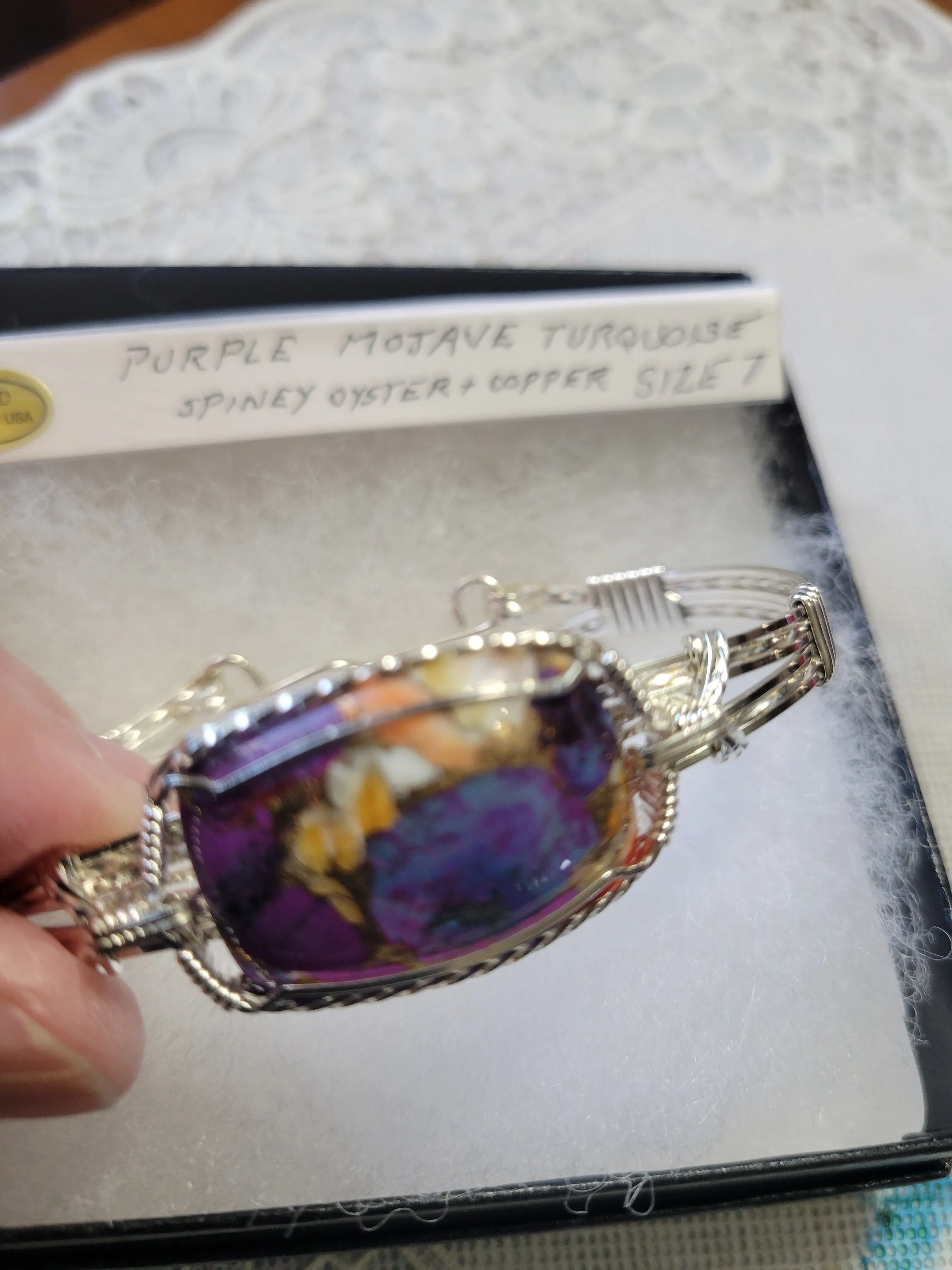 Custom Cut & Polished Purple Mojave Turquoise Spiney Oyster & Copper Bracelet Size 7