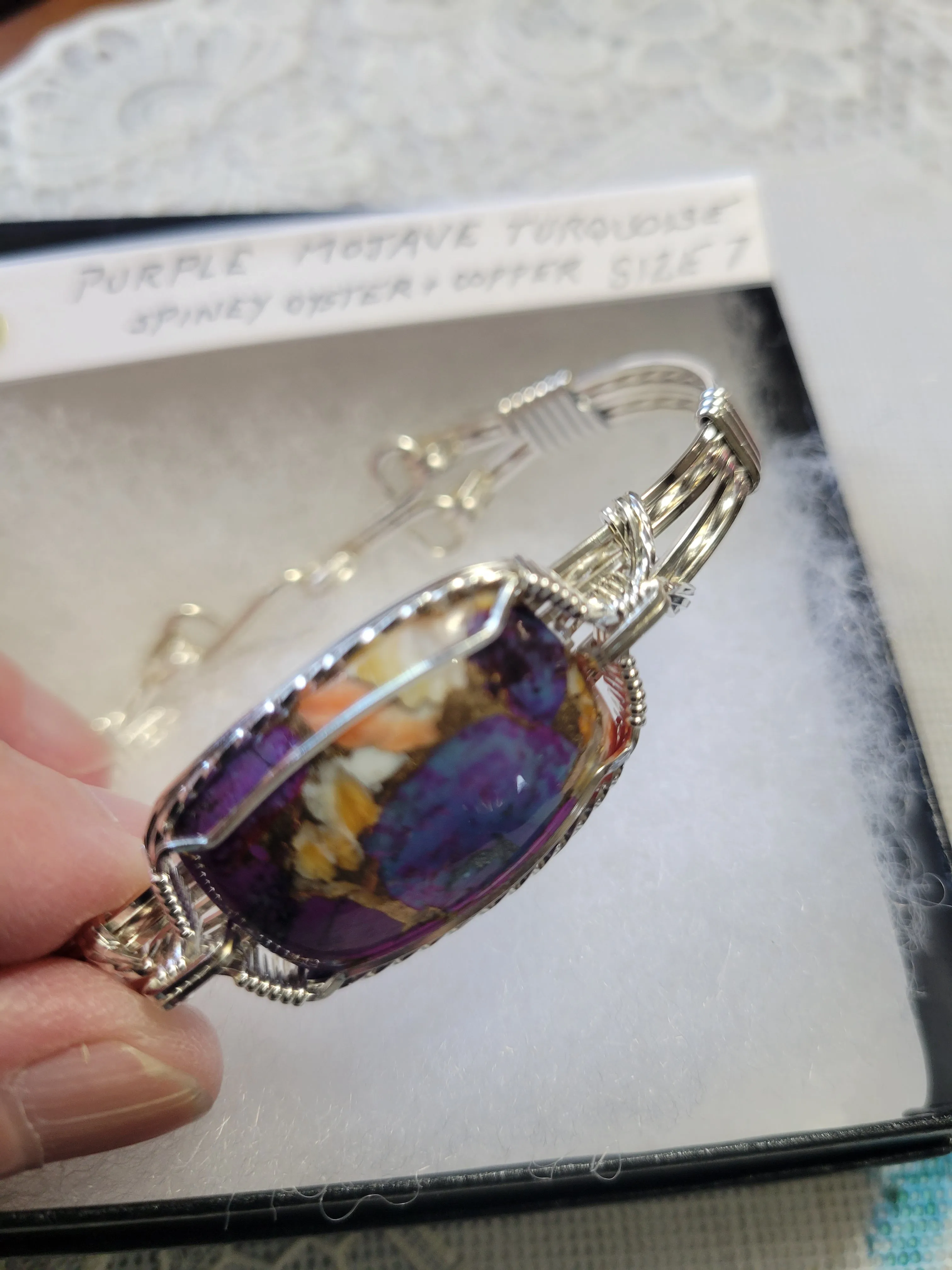 Custom Cut & Polished Purple Mojave Turquoise Spiney Oyster & Copper Bracelet Size 7