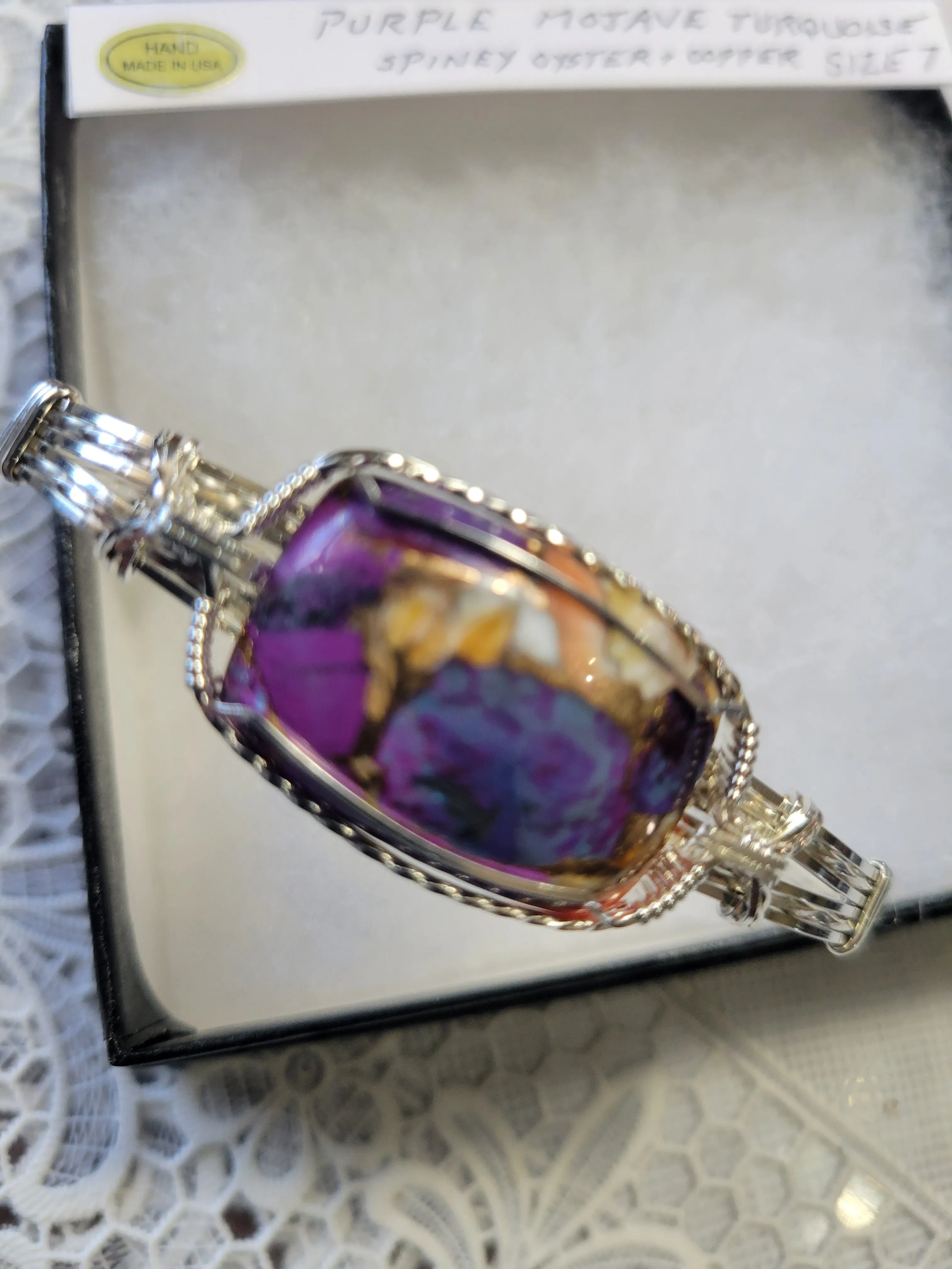 Custom Cut & Polished Purple Mojave Turquoise Spiney Oyster & Copper Bracelet Size 7
