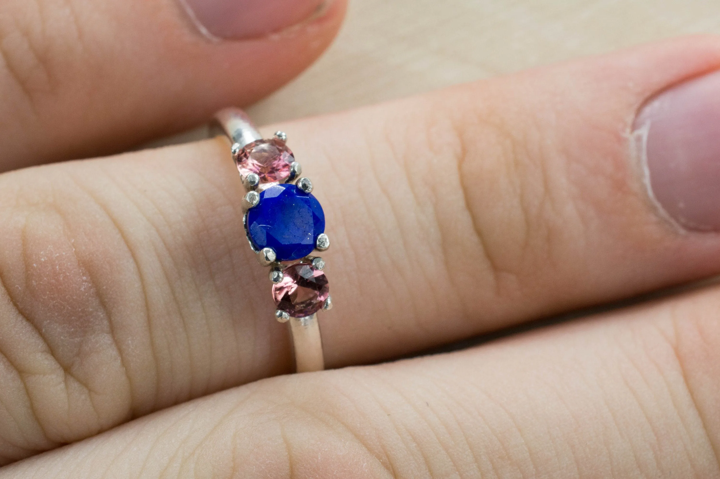 Lapis Lazuli and Pink Tourmaline Sterling Silver Ring, Genuine Untreated Lapis and Tourmaline; Tourmaline Ring; Lapis Ring