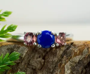Lapis Lazuli and Pink Tourmaline Sterling Silver Ring, Genuine Untreated Lapis and Tourmaline; Tourmaline Ring; Lapis Ring