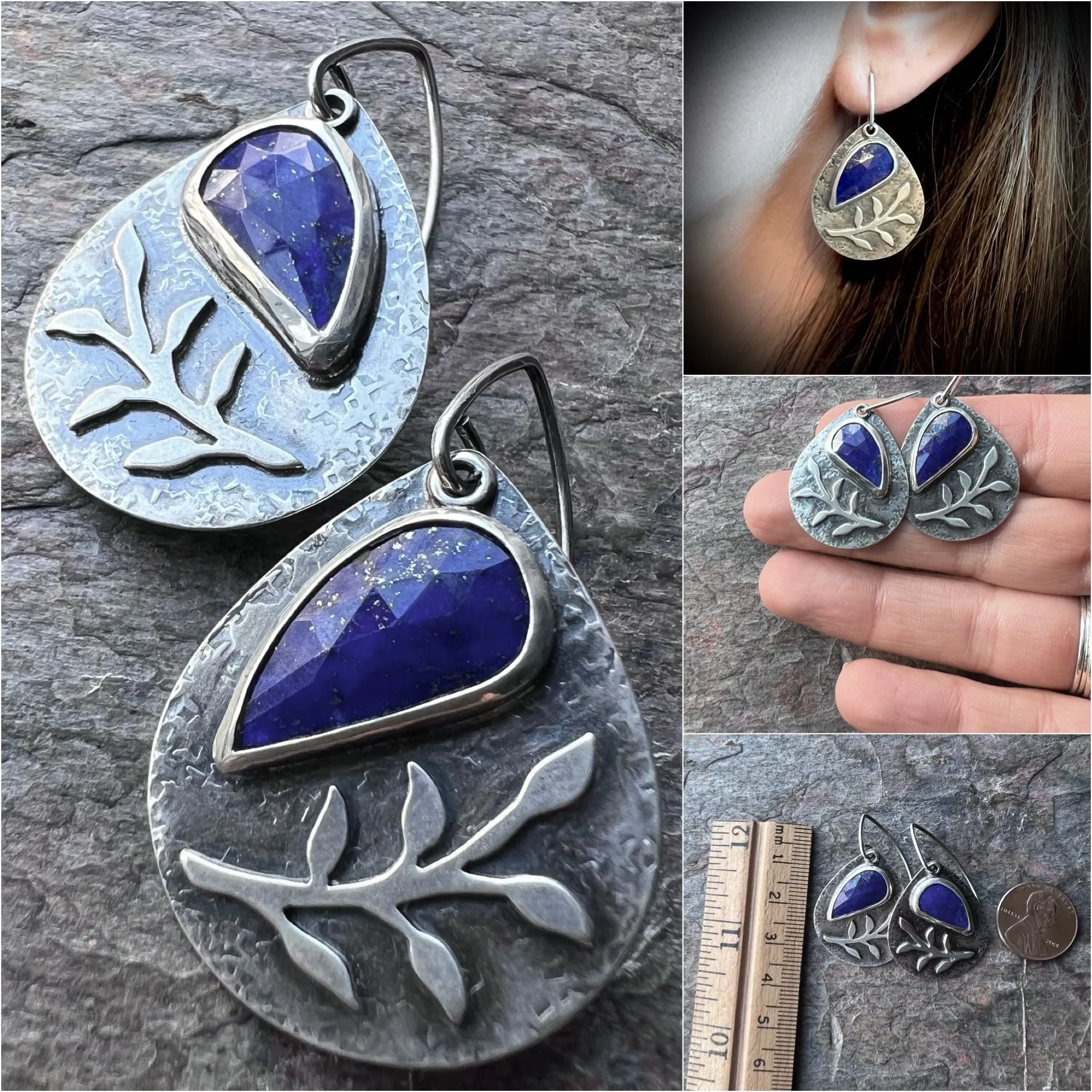 Sterling Silver Lapis Earrings Genuine Lapis Lazuli Blue Natural Stone Teardrop Dangle Earrings One of a Kind Handmade Jewelry