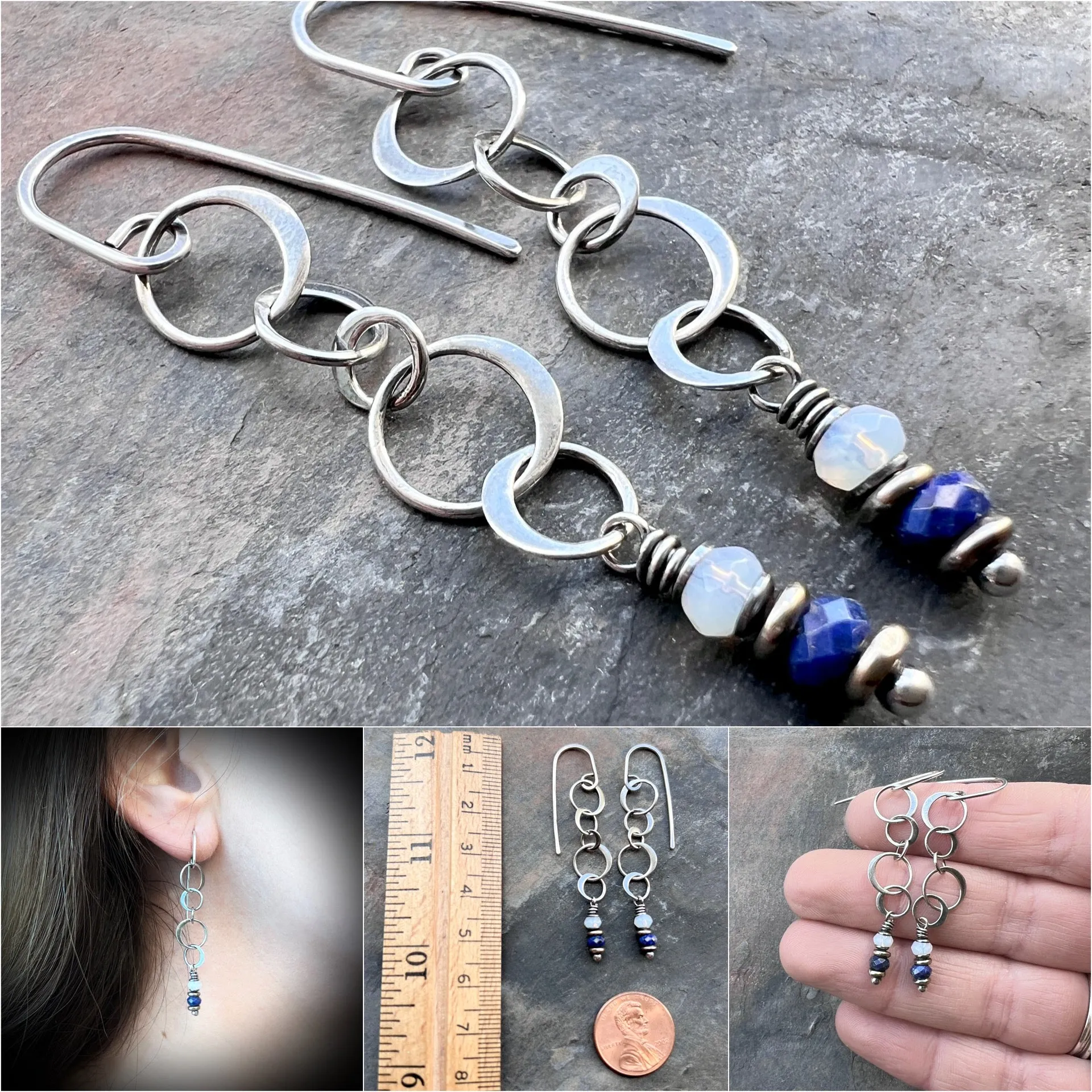 Sterling Silver Lapis Lazuli and Opalite Earrings | Blue Stone Long Chain Earrings