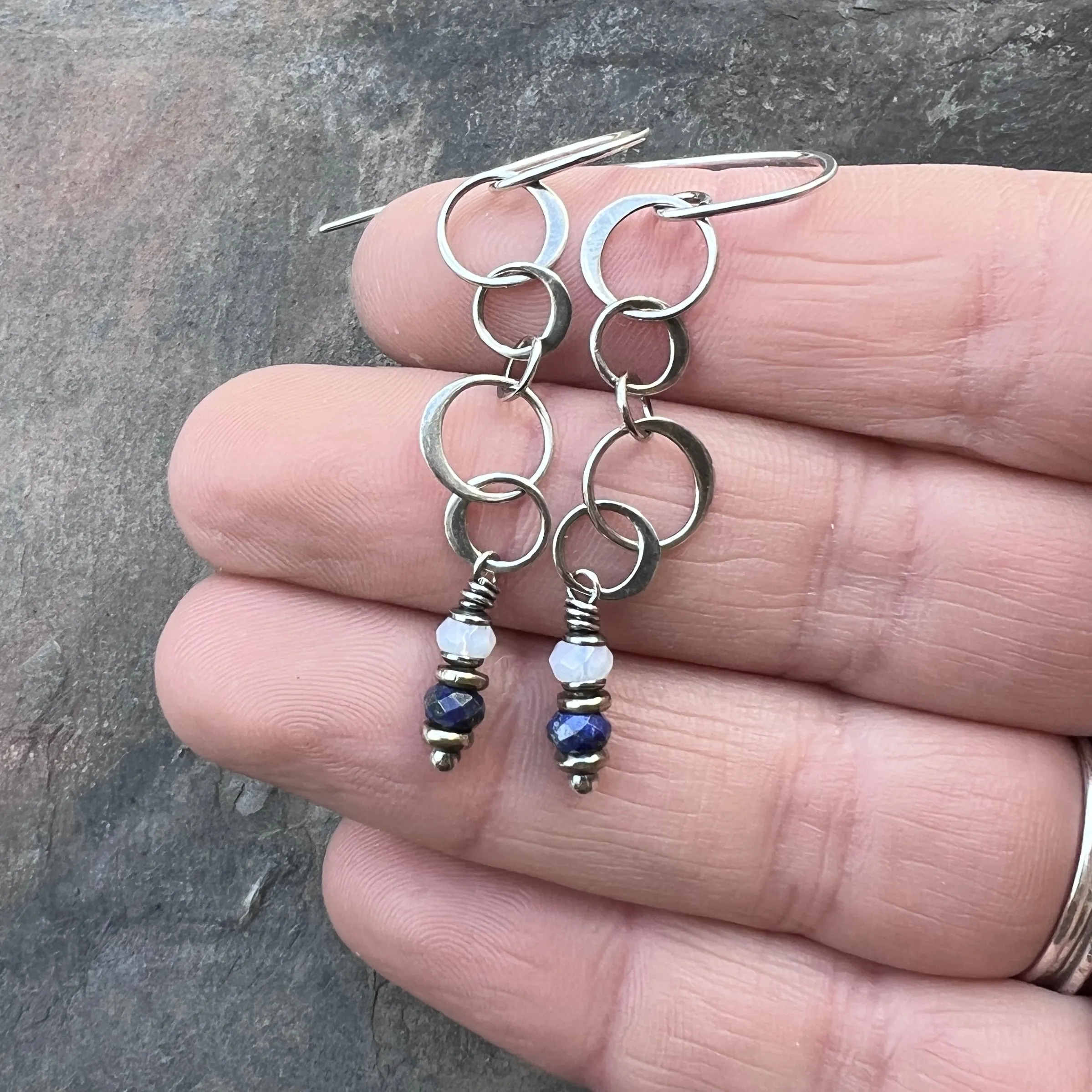 Sterling Silver Lapis Lazuli and Opalite Earrings | Blue Stone Long Chain Earrings