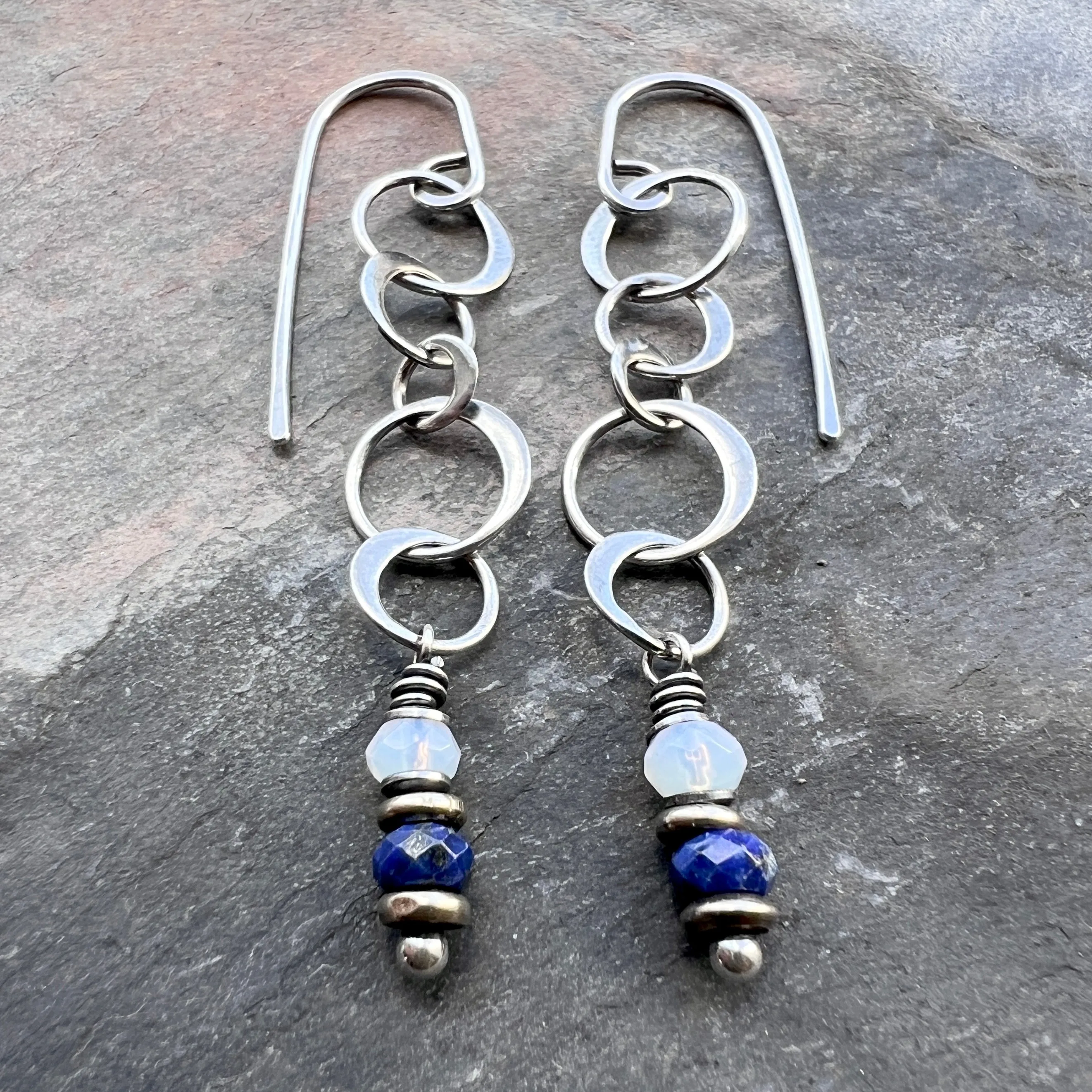 Sterling Silver Lapis Lazuli and Opalite Earrings | Blue Stone Long Chain Earrings