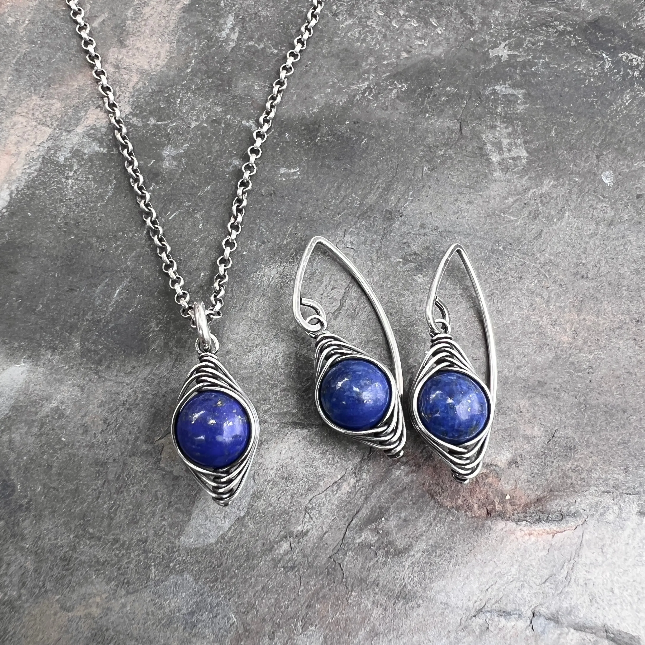 Sterling Silver Lapis Lazuli Earrings | Blue Natural Stone Wire-wrapped Dangle Earrings