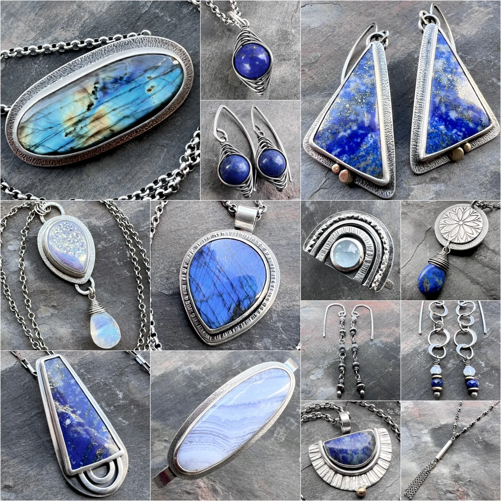 Sterling Silver Lapis Lazuli Earrings | Blue Natural Stone Wire-wrapped Dangle Earrings